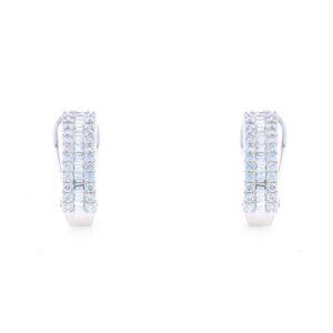 White Gold Diamond J-Hoop Earrings - 14k Round & Baguette 1.00ctw Pierced